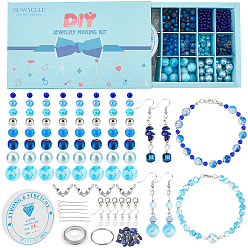 Blau 865 DIY-Glasschmuck-Sets, inklusive runder Perlen, Edelstein-Chip-Perlen, Legierung Karabinerverschlüsse, Messing-Ohrhaken & Perlenspitzen & Crimpperlen, Blau, Blau, 4 mm, Bohrung: 1.1 mm