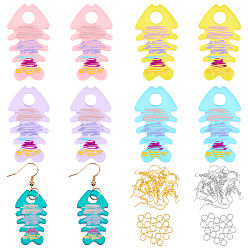 Mixed Color Fishbone Dangle Earrings DIY Making Kits, Including Translucent Acrylic Pendants, Brass Earring Hooks and Iron Jump Rings, Mixed Color, Pendants: 20pcs/set