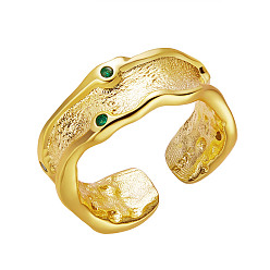 Real 18K Gold Plated SHEGRACE 925 Sterling Silver Cuff Rings, Open Rings, with Grade AAA Cubic Zirconia, Textured, with 925 Stamp, Green, Real 18K Gold Plated, US Size 5, Inner Diameter: 16mm