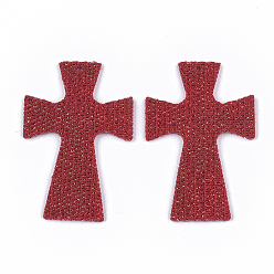 FireBrick PU Leather Big Pendants, with Glitter Powder/Silver Glitter, Cross, FireBrick, 59x39x1.5mm, Hole: 1.6mm