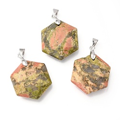 Unakite Faceted Natural Unakite Pendants, with Platinum Tone Brass Findings, Hexagon, 28x25x9mm, Hole: 4x5mm
