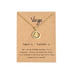 Дева Латунные микропаве прозрачные кубические цирконии плоские круглые подвески в виде созвездий, ожерелья из нержавеющей стали, золотые, Дева, 19.69 дюйм (50 см)