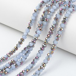 Бледно-бирюзовый Стеклянные бусины с гальваническим покрытием , имитация нефрита, половина розового золота гальваническим, граненые, рондель, бледные бирюзовая, 4x3 мм, отверстие : 0.4 мм, около 123~127 шт / нитка, 16.5~16.9 дюйм (42~43 см)