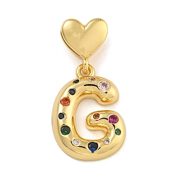 Letter G Латунные микро-паве красочные кубические циркониевые подвески, подвески в виде сердечек, реальный 18 k позолоченный, Буква G, 30.5 мм, отверстие : 6x3 мм, Кулон : 21.5x16x4 мм