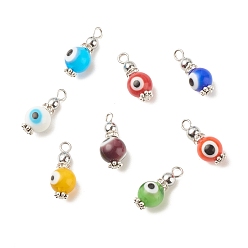 Mixed Color Handmade Lampwork Evil Eye Pendants, with Brass & Alloy Spacer Beads, Round, Mixed Color, 18.5~19x7.5~8mm, Hole: 2~2.5mm