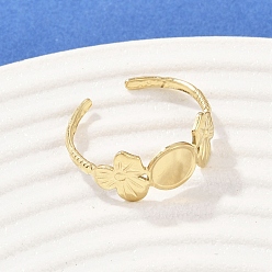 Настоящее золото 18K Цветок 304 манжетное кольцо из нержавеющей стали, Настройки колодки кольцо, ионное покрытие (ip), реальный 18 k позолоченный, лоток : 6.5 мм, 9 мм, регулируемый