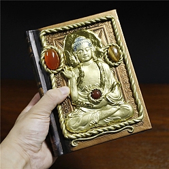 Light Khaki Rectangle with Buddha 3D Embossed Notebook, with Natural Gemstone, for School Office Supplies, Light Khaki, 175x135x40mm
