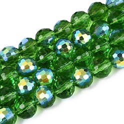 Зеленый Гальванизируйте прозрачное стекло бисер нитей, круглые, граненый(96 граненый), с половинным покрытием ab цвета, зелёные, 7.5~8 мм, отверстие : 1~1.4 мм, около 68~69 шт / нитка, 19.49~19.88 дюйм (49.5~50.5 см)