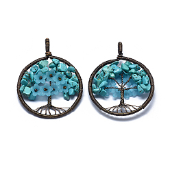Howlite Natural Howlite Pendants, Dyed & Heated, with Acrylic and Brass Findings, Flat Round with Tree of Life, 59x47~47.5x9.5~10mm, Hole: 4mm