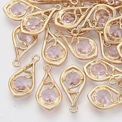 Pink Граненые подвески стекла, с настройками открытой спины из экологически чистого сплава, без никеля , слеза, золотой свет, розовые, 21x11x3.5 мм, отверстие : 1.6 мм