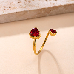 Красный 201 Открытые кольца-манжеты из нержавеющей стали с кубическим цирконием, сердце, золотые, красные, 15~20 мм