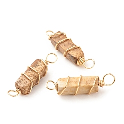 Picture Jasper Natural Picture Jasper Connector Charms, with Golden Tone Copper Wire Wrapped, Cuboid, 22~23.5x6~7x5.5~6mm, Hole: 2.5~3.2mm