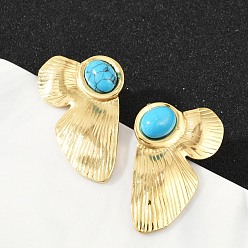 Настоящее золото 18K Цветок 304 серьги-гвоздики из нержавеющей стали с синтетической бирюзой для женщин, ионное покрытие (ip), слева и справа, реальный 18 k позолоченный, 36.5x23.5 мм