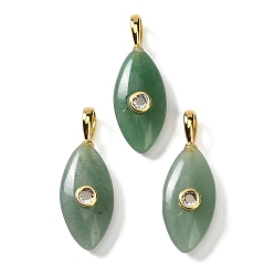Aventurina Verde Colgantes naturales aventurina verde, con detalles de latón dorado micro pavé de circonita cúbica transparente, dije con forma de ojo de caballo, 32~34x13.5~14.5x7.5~8 mm, agujero: 5x3 mm