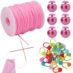Ярко-Розовый 30шт. Экологически чистые держатели для маркеров для вязания и крючком из АБС-пластика, в комплекте: 1рулон синтетического резинового шнура и 6пластиковые фиксаторы шнура, ярко-розовый, 22x11x3 мм, штифты : 1 мм