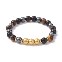 Golden Natural & Synthetic Mixed Gemstone & Alloy Beaded Stretch Bracelet, Golden, Inner Diameter: 2-1/8 inch(5.5cm)