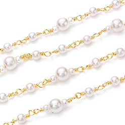 Golden Handmade Brass Ball Chains, with Glass Pearl Beads and Spool, Long-lasting Plated, Unwelded, Round, Golden, Round Beads: 3mm and 6mm, about 32.8 Feet(10m)/roll