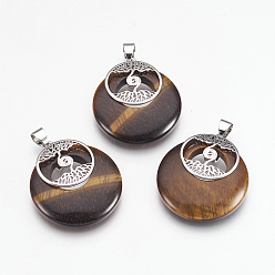 Тигровый глаз Природных тигровый глаз подвески, с латунной фурнитурой платинового цвета, плоские круглые с дерева жизни, 32x28x6 мм, отверстие : 4x5 мм