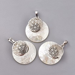 White Shell Natural White Shell Mother of Pearl Shell Pendants, Spiritual Charms, with Platinum Tone Brass Findings, Flat Round with Flower of Life/Sacred Geometry, 32~32.5x28x7~7.5mm, Hole: 5x8mm