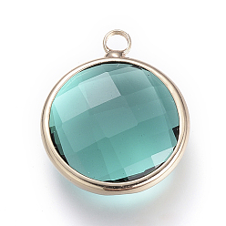 Средний Бирюзовый Стеклянные подвески, с латунной фурнитурой , граненые, плоско-круглые, средне бирюзовый, 9.5x6.5x2.5 мм, отверстие : 2 мм