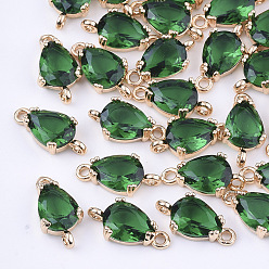 Морско-зеленый Прозрачные стеклянные соединители звеньев, с латунной фурнитурой , граненые, слеза, золотой свет, цвета морской волны, 13x7x3.5 мм, отверстие : 1.2 мм