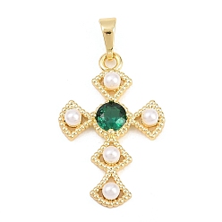 Настоящее золото 18K Латунные микро проложить кубического циркония подвески, с пластмассовой жемчужиной abs, крест прелести, долговечный, стойки покрытие, без свинца и без кадмия, реальный 18 k позолоченный, 27x17.5x4.5 мм, отверстие : 5x3.3 мм
