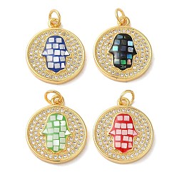 (52) Непрозрачная лаванда Плоские круглые подвески из латуни с фианитом и хамсой, с эмалью и ракушкой, долговечный, без свинца и без кадмия, реальный 18 k позолоченный, с прыжковых колец, разноцветные, 20x17x3 мм, отверстие : 3 мм