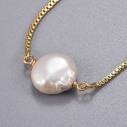 White Brass Slider Bracelets, Bolo Bracelets, with Natural Baroque Pearl Keshi Pearl Beads, White, 9 inch(23cm), 1.3mm