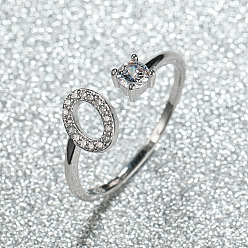 Letter O Манжеты из латуни с микро паве кубический цирконий для женщин, открытые кольца, платина, Письмо O, внутренний диаметр: 16~19 мм