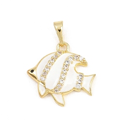 Белый Латунные микро проложить кубического циркония подвески, с эмалью, рыбы прелести, долговечный, стойки покрытие, без свинца и без кадмия, реальный 18 k позолоченный, белые, 18x19.5x4 мм, отверстие : 3.2x5.4 мм