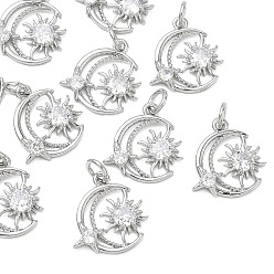 Platinum SHEGRACE Valentine's Day Brass Clear Cubic Zirconia Pendants, Moon & Sun Charms, Cadmium Free & Lead Free & Nickel Free, Platinum, 15.5x14x3mm, Hole: 2.5mm