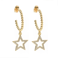 Real 18K Gold Plated Clear Cubic Zirconia Ring with Star Dangle Stud Earrings, Brass Half Hoop Earrings for Women, Real 18K Gold Plated, 38mm, Pin: 0.7mm