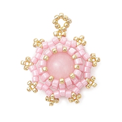 Pink Окрашенный натуральный малазийский нефрит с подвесками из стеклянного бисера, солнечные чары, розовые, 25.5x22x8.5 мм, отверстие : 2 мм