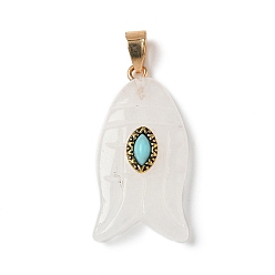 Хрусталь Резные подвески из натурального кварцевого кристалла и синтетической бирюзы, амулеты в виде рыбок с латунными дужками, золотые, 35x17.5x7.5~8 мм, отверстие : 4.3x6.5 мм