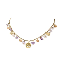 Золотой 304 Женские кулоны-нагрудники из нержавеющей стали с подвеской в виде дерева жизни и самородков из натурального аметрина, золотые, 15.79 дюйм (40.1 см)