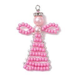 Бледно-Розовый Подвески из бисера и жемчуга из запекаемого стекла, ангел, розовый жемчуг, 52.5x33x8 мм, отверстие : 2 мм