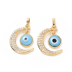 Light Sky Blue Brass Micro Pave Cubic Zirconia Pendants, with Handmade Evil Eye Lampwork, Crescent Moon Charm, Real 18K Gold Plated, Light Sky Blue, 23x16x4mm, Hole: 4x6mm