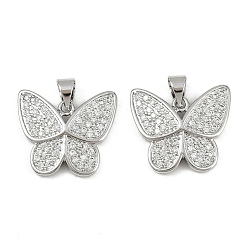 Платина Латунные микропаве прозрачные подвески с фианитом, без кадмия и без свинца, бабочка, платина, 17x19.5x2.5 мм, отверстие : 4x3 мм