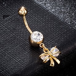 Transparent Messing Zirkonia Nabel Ring, Bauchringe, mit 304 Edelstahlleiste, cadmiumfrei und bleifrei, echt 18 k vergoldet, Schleife, Transparent, 36x12 mm, Stange: 15 Spurweite(1.5mm), Stangenlänge: 3/8"(10mm)