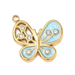 Bleu Ciel Clair 304 acier inoxydable émail pendentifs, avec strass, charmes de papillon, réel 18 k plaqué or, lumière bleu ciel, 19x16.5x2mm, Trou: 1.3mm