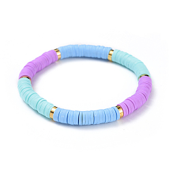 Colorful Stretch Bracelets, with Handmade Polymer Clay Heishi Beads and Brass Spacer Beads, Colorful, 2-1/8 inch(5.3cm)
