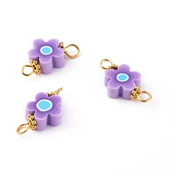Purple Handmade Polymer Clay Links Connectors, with Golden Brass Findings, Flower, Purple, 9.5x18.5x4mm, Hole: 2~3mm