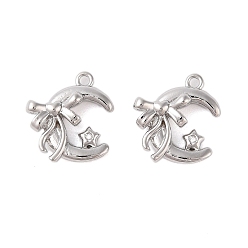 Платинированный Подвески из латуни с прозрачным стеклом, луна и бантик, Реальная платина, 15x13x4.5 мм, отверстие : 1.2 мм