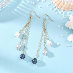 Golden Natural Cultured Freshwater Pearl Tassel Dangle Earrings, Brass Dangle Earring for Women, Golden, 85~90mm