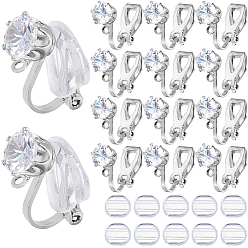 Платина 32 латунные серьги-клипсы, с прозрачным фианитом, петлями и силиконовыми клипсами на подушечках., платина, 32 мм, отверстие : 17x6x9 мм