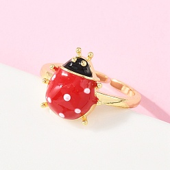 Золотой Регулируемые латунные эмалевые манжеты для женщин, коровка, стойки покрытие, без кадмия и без свинца, долговечный, золотые, 14x13 мм, размер США 6 1/2 (16.9 мм)