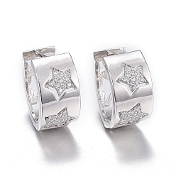 Платинированный Серьги-кольца из латуни с микро-паве из фианита, долговечный, полый, звонить звездочкой, прозрачные, Реальная платина, 17.5x9 мм, штифты : 0.8 мм