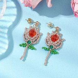 Оранжевый Стеклянные бусины висят серьги, с латунными серьгами, цветок, оранжевые, 44x19.5 мм