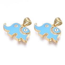 Deep Sky Blue Brass Micro Pave Clear Cubic Zirconia Pendants, with Enamel, Nickel Free, Real 18K Gold Plated, Elephant, Deep Sky Blue, 13x21x2mm, Hole: 3x5mm