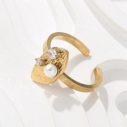 Teardrop 304 Кольца-манжеты из нержавеющей стали с кубическим цирконием для женщин, с жемчугом, раэль голд 18k посаженный, слеза, 16x8.5 мм, внутренний диаметр: 18.5 мм